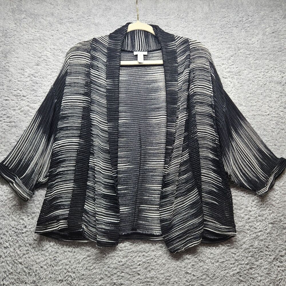 Chico's Black and White Open Front Mesh Cardigan Womens Size 2 Large Sheer